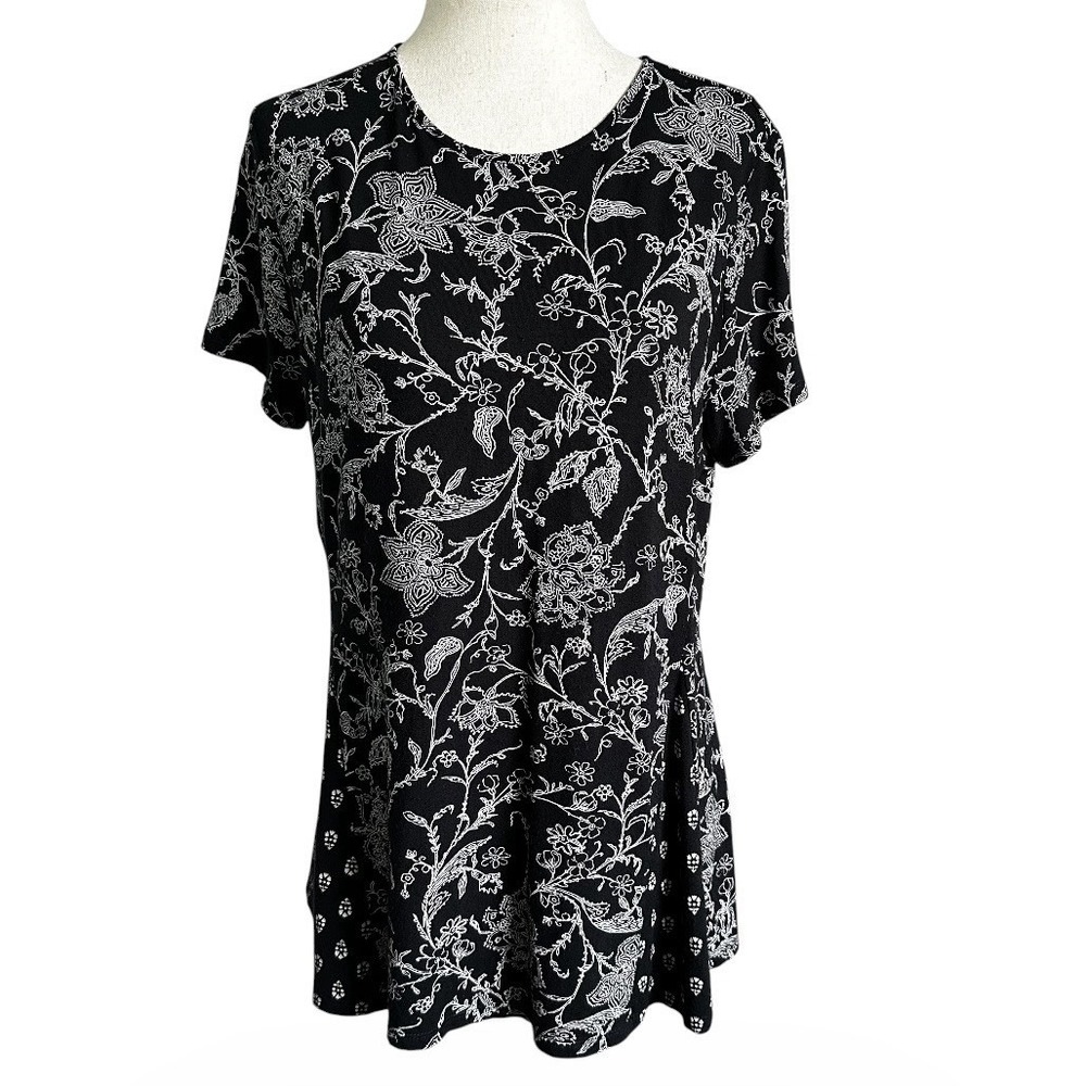 J Jill Wearever Women Floral Short Sleeve Round Neck Top Sz Petite Small | 46-33